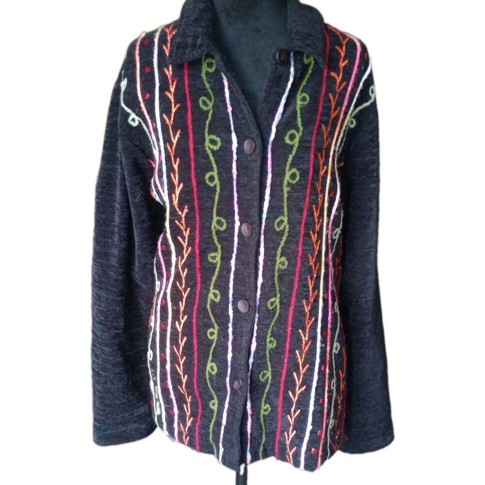 White Stag Women's XL Button Front Colorfully Embroidered Black Jacket, Vtg